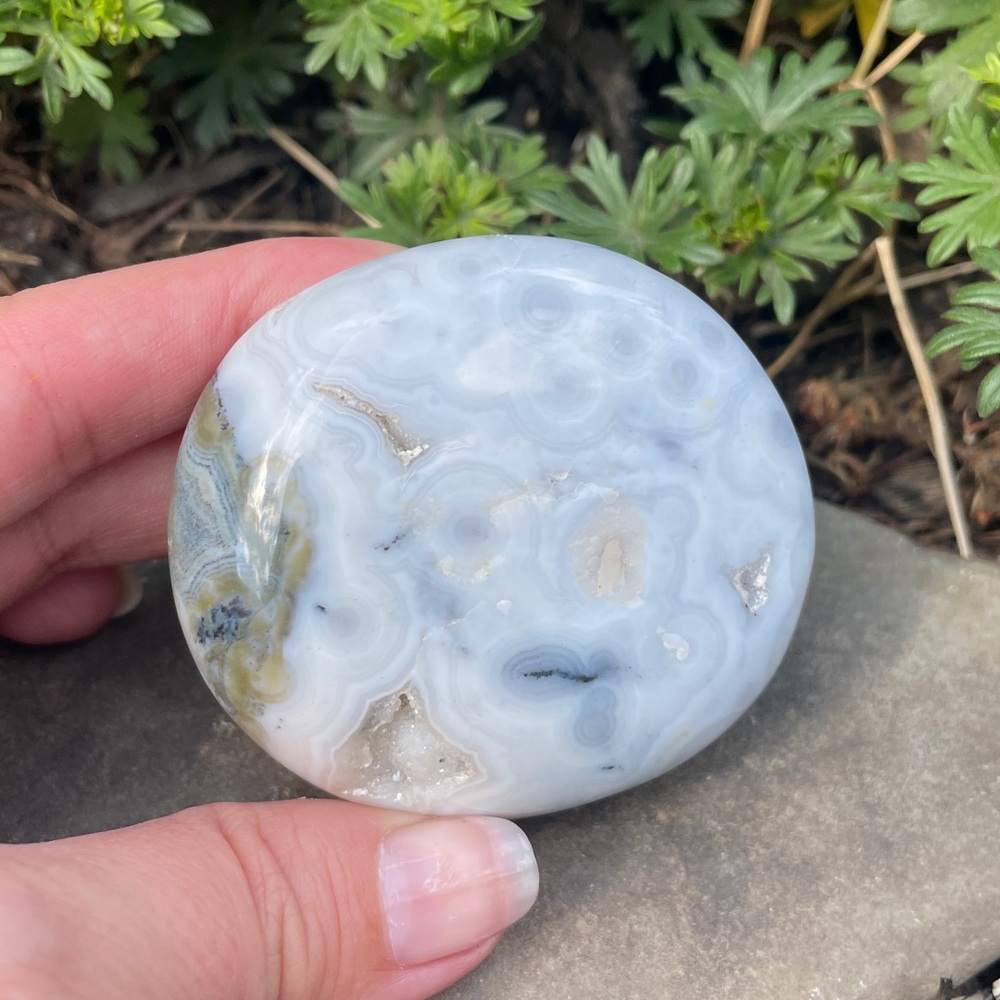 8th Vein Ocean Jasper Palm Stone With Subtle Baby Blue Orbs.